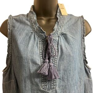 Talbots Sleeveless Denim Top with Tassel Tie Sz L NWT